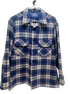 Pendleton Navy, Cream & Red Plaid Wool Shirt Mens Large Loop Collar